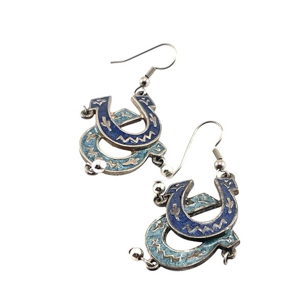Barse Horse Shoe Dangle Earrings By Barse In Silver & Blue - Picture 2 of 10